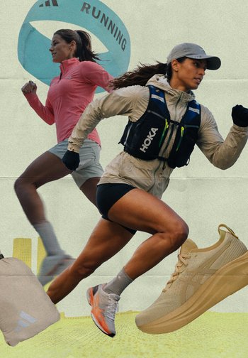 Kerge kujundusega kollased jooksujalatsid tekstuuriga kangast. Kaks naist jooksemas, üks roosa t-särgiga ja beežide lühikestega, teine beeži jakiga ja mustade lühikestega.