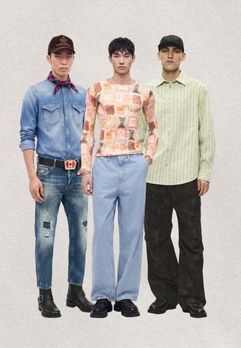 Three men stand side by side wearing casual outfits: denim with a red scarf, a patterned long-sleeve shirt, and a green striped shirt with black trousers.