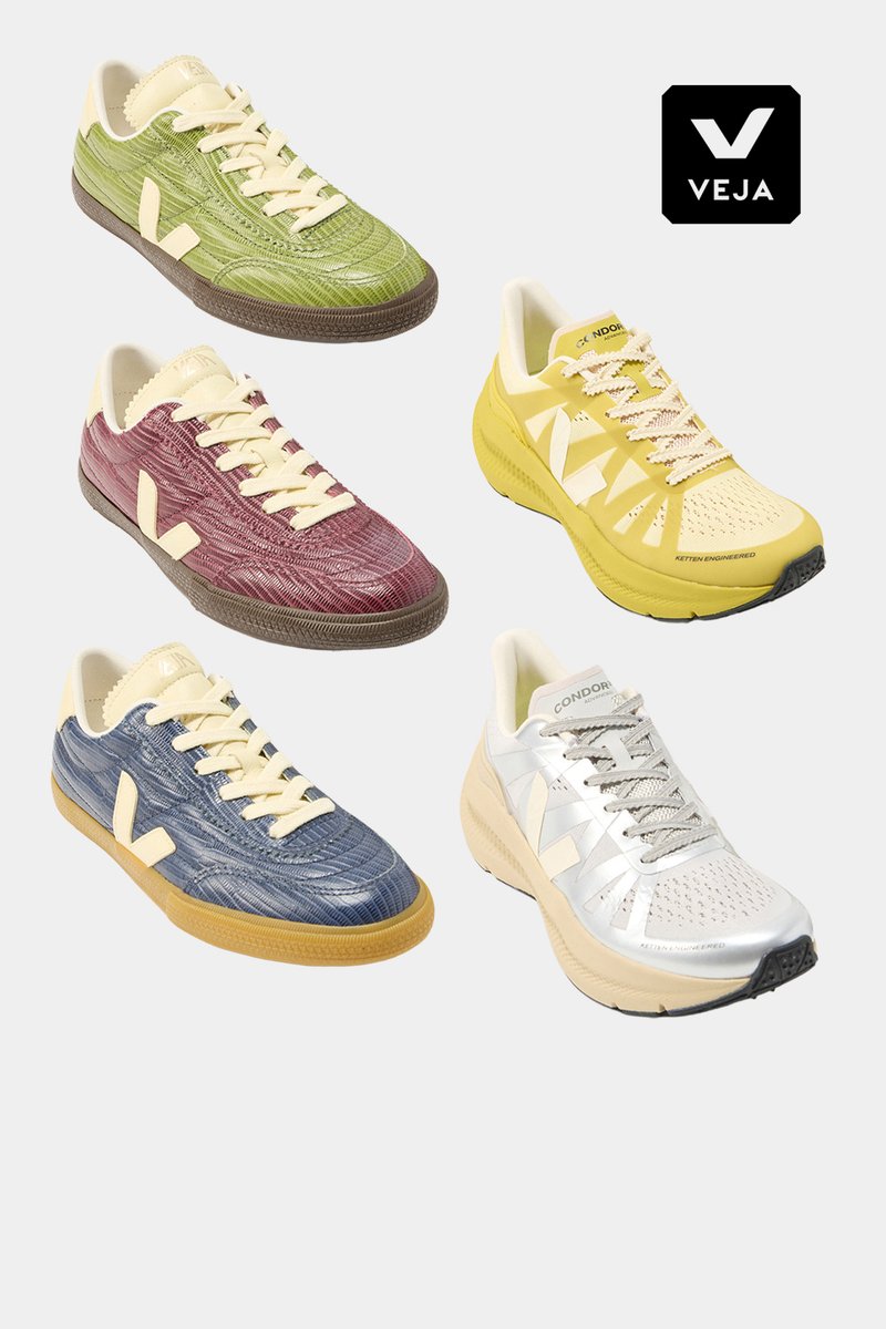 Five Veja sneakers in green, burgundy, blue, yellow, and silver with white laces displayed with Veja logo on a light background.