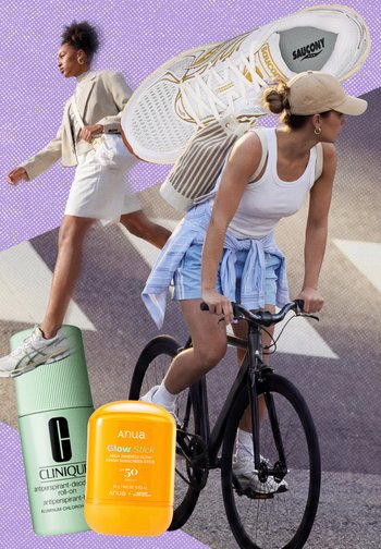 Frau fährt Fahrrad mit Freizeitkleidung und Kappe, eine andere geht in beige Jacke und weißem Rock, weiße Saucony-Schuhe, Clinique-Deodorant und Anua-Sonnenschutzstick.