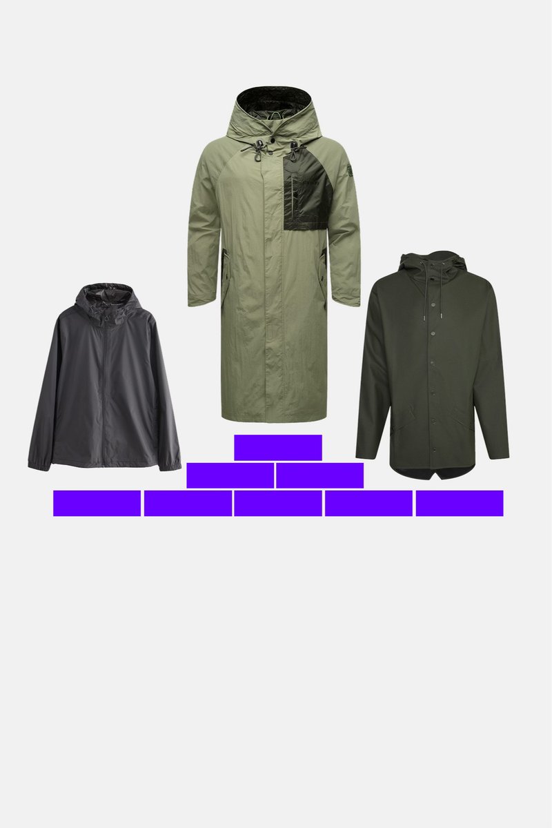 Trei jachete cu glugă expuse pe un fundal alb: una scurtă neagră, una lungă verde deschis cu buzunar închis la culoare și una de lungime medie verde închis cu nasturi.