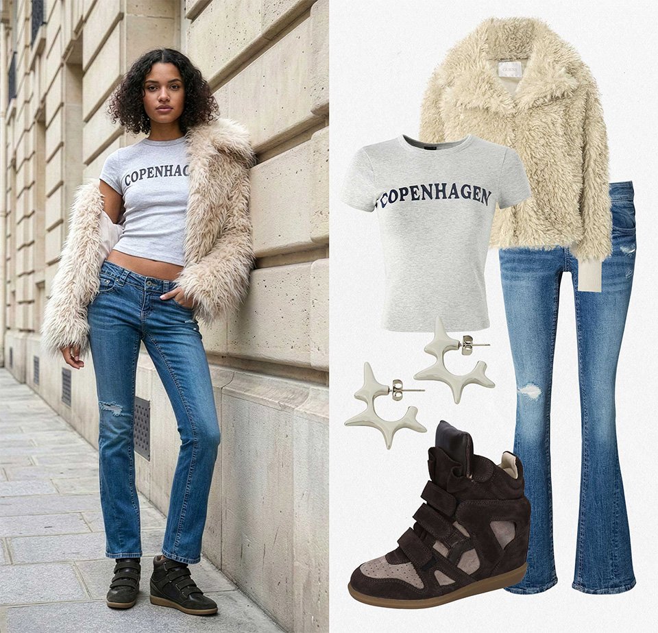 Nő, aki szürke "Copenhagen" rövidített pólót, műszőrme kabátot, kopott kék bővülő szárú farmert, fekete ék talpú tornacipőt és csillag alakú fülbevalót visel.