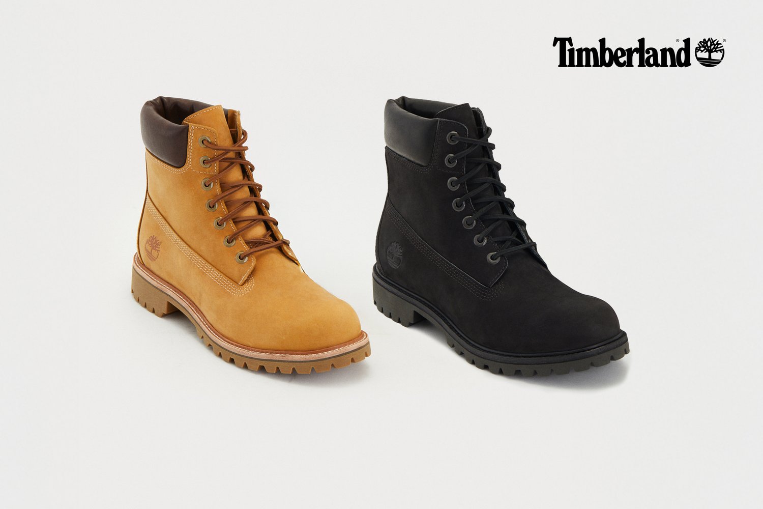 Timberland boots: tan suede and black nubuck, both featuring padded collars, round toes, metal eyelets, and thick rubber lug soles.