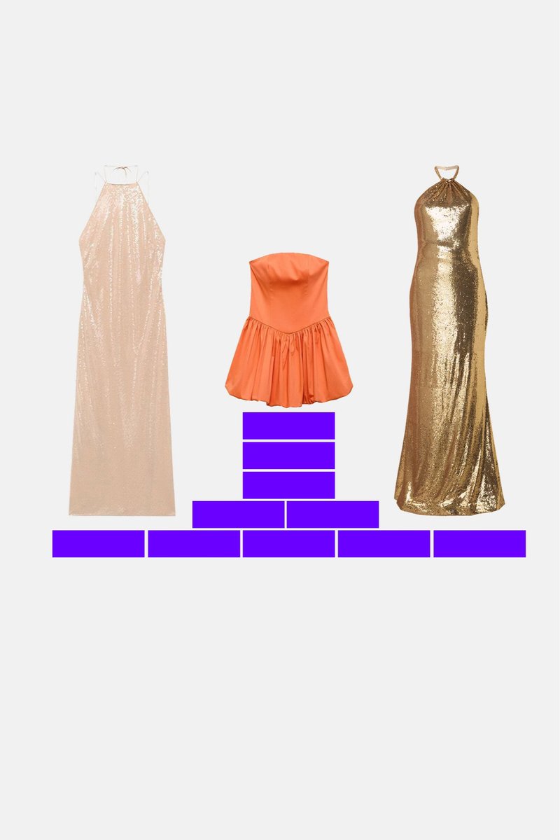 Trei rochii formale expuse pe postamente violet: una bej cu paiete, fără mâneci, una portocalie, fără bretele, mini, și o rochie aurie cu gât halter.