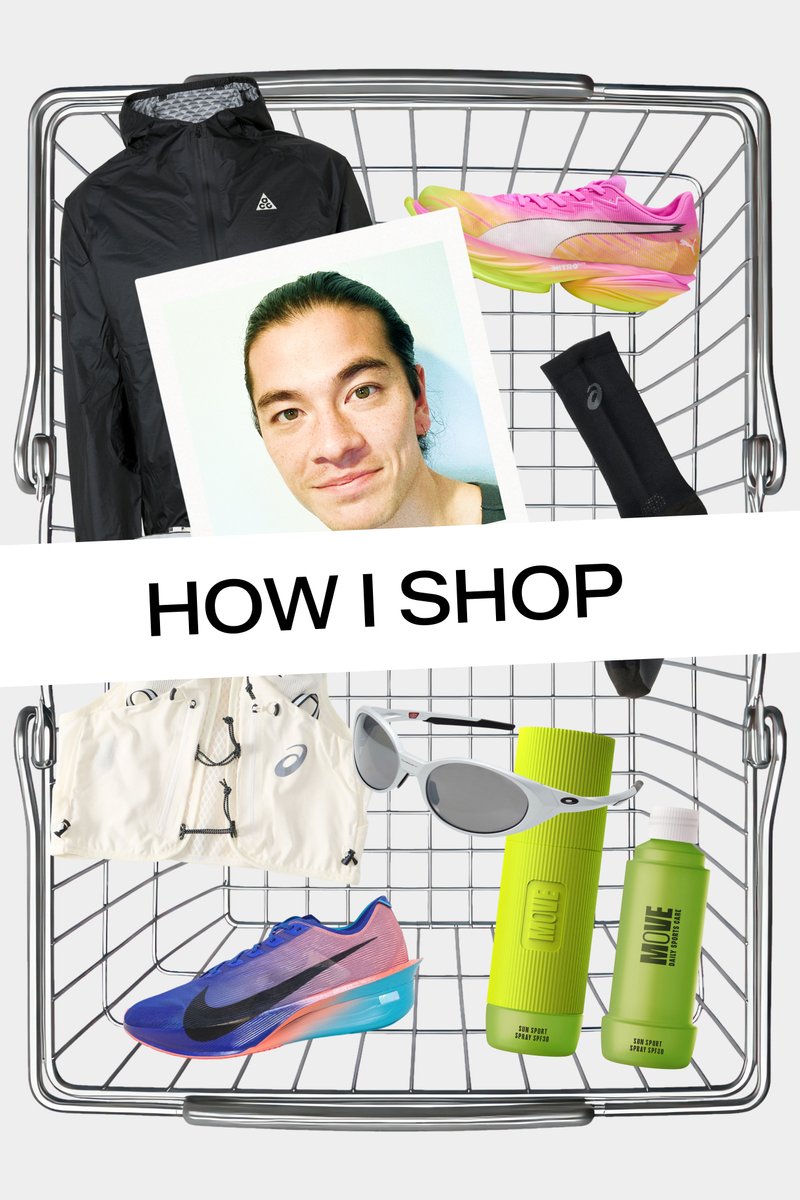 Cesta de la compra con artículos de ropa deportiva, gafas de sol, productos para el cuidado de la piel, una foto de un hombre y texto que dice "HOW I SHOP."