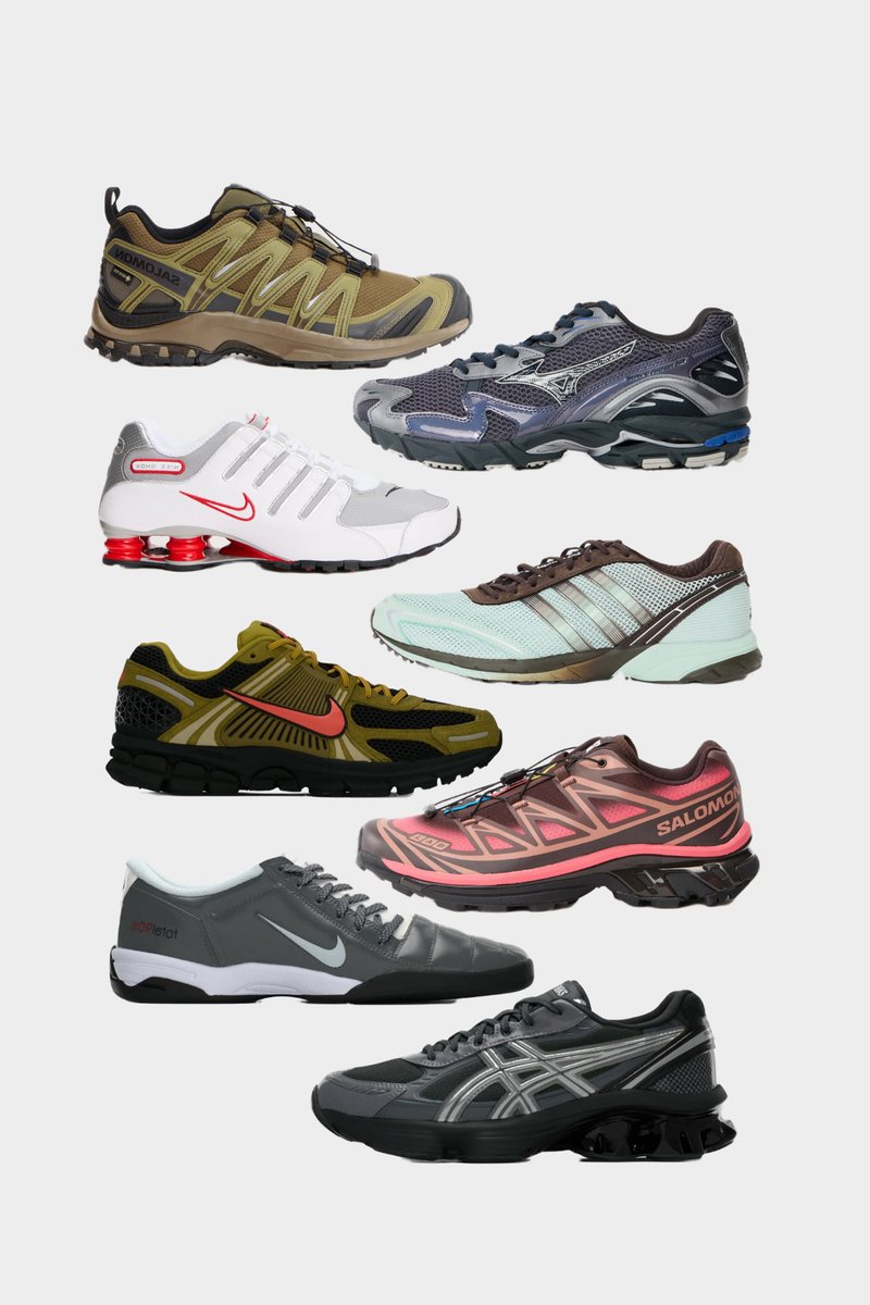 Collezione di otto scarpe sportive in vari design e schemi di colore; caratteristiche includono materiali in rete e gomma, accenti contrastanti e forme uniche della suola.