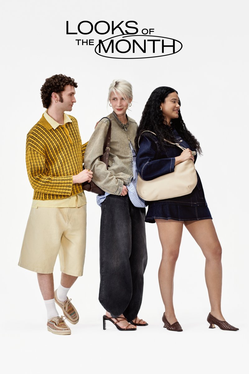 Three models stand together on a plain background, showcasing diverse outfits: striped sweater, oversized pants, denim jacket, and stylish bags.