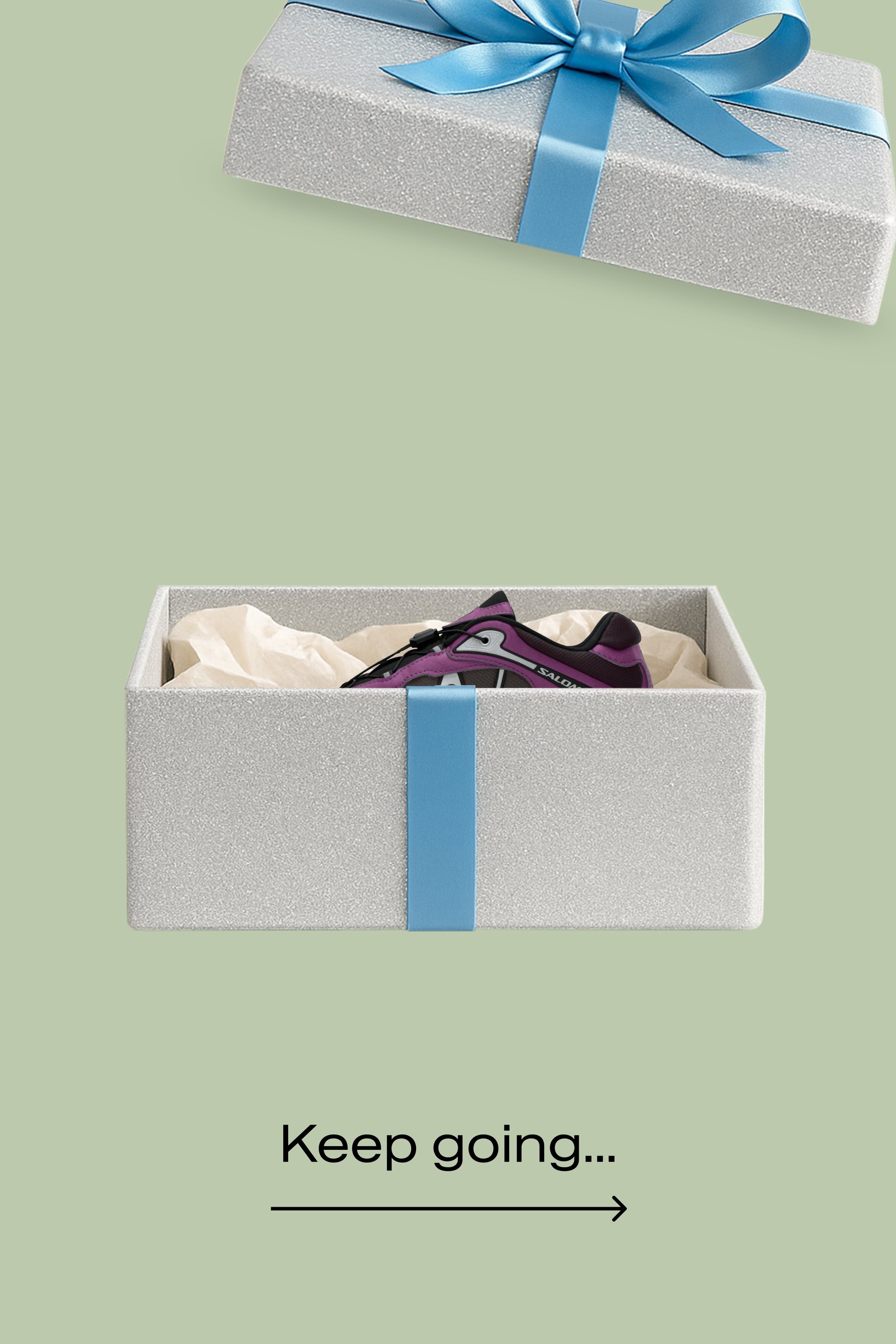 Silberner Glitzer-Geschenkkarton mit blauem Band, enthält ein Paar lila Schuhe auf zerknülltem weißem Seidenpapier. Darunter steht der Text: "Mach weiter..."