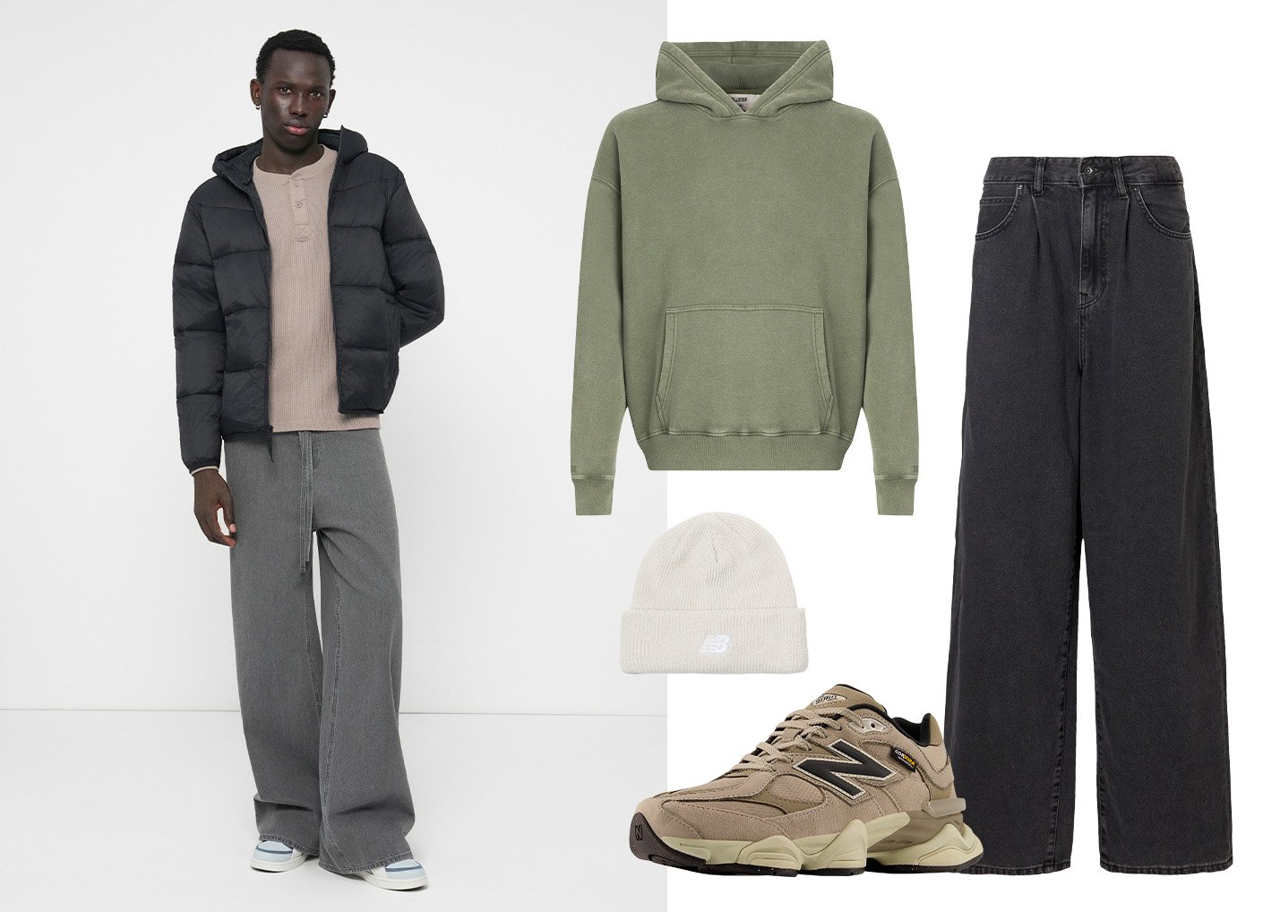 Doudoune noire, sweat à capuche vert olive, jean large gris, beanie beige, et baskets marron New Balance exposés ensemble.