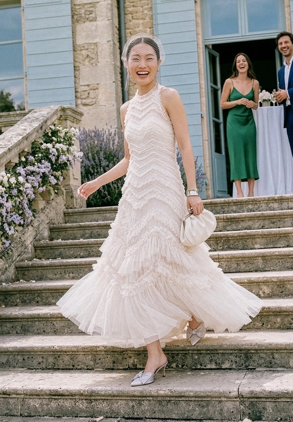 Bride in textured white wedding dress and veil smiling on stone steps, holding clutch, with two guests laughing near blue shutters.