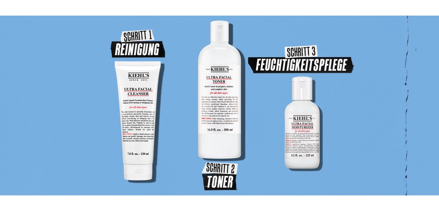 Kiehl's Ultra Facial Cleanser, Toner und Feuchtigkeitscreme in blauen Flaschen, beschriftet als Hautpflegeschritte: Reinigung, Toner, Feuchtigkeitspflege.