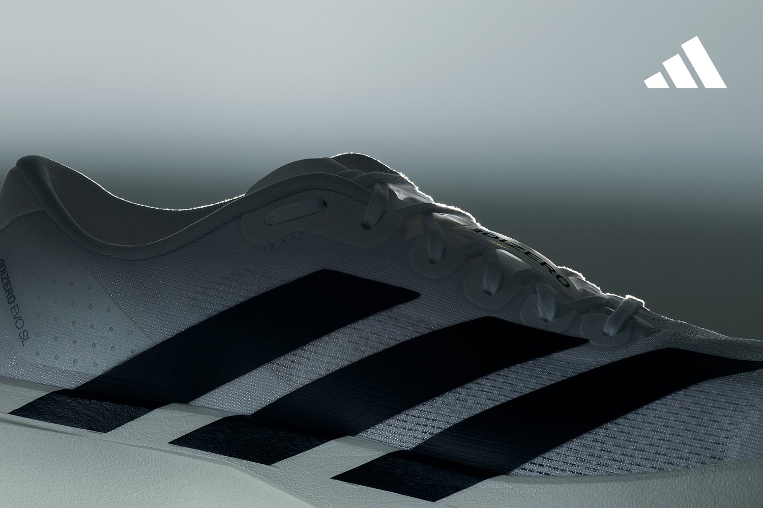 Una zapatilla de running blanca con rayas negras, situada sobre un suave fondo gris, que resalta su diseño elegante y la marca.