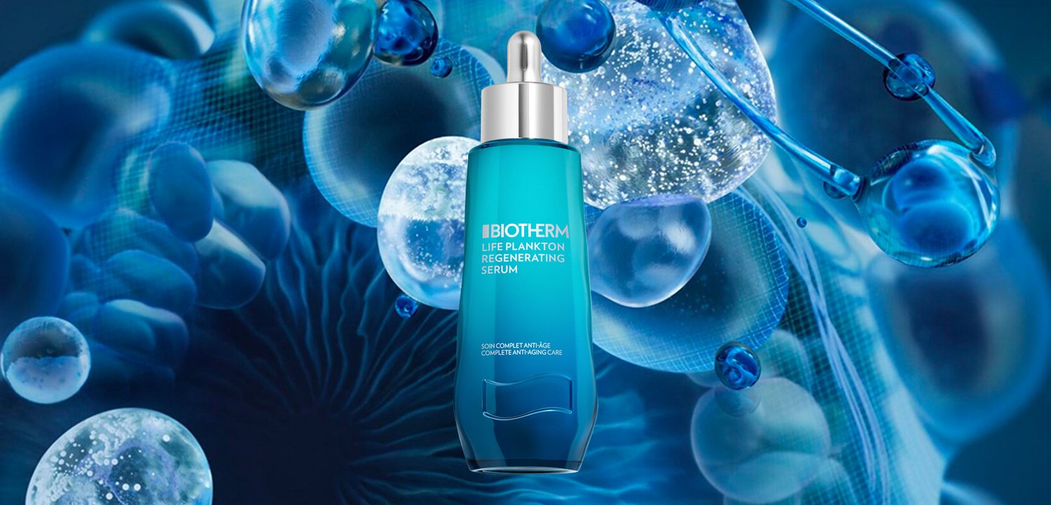 A turquoise serum bottle labeled "Biotherm Life Plankton Regenerating Serum" is surrounded by abstract blue bubbles and cellular structures.