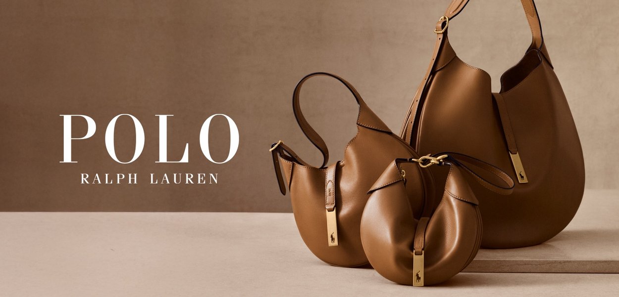 Three brown leather Polo Ralph Lauren handbags with gold accents displayed on beige surface and background.