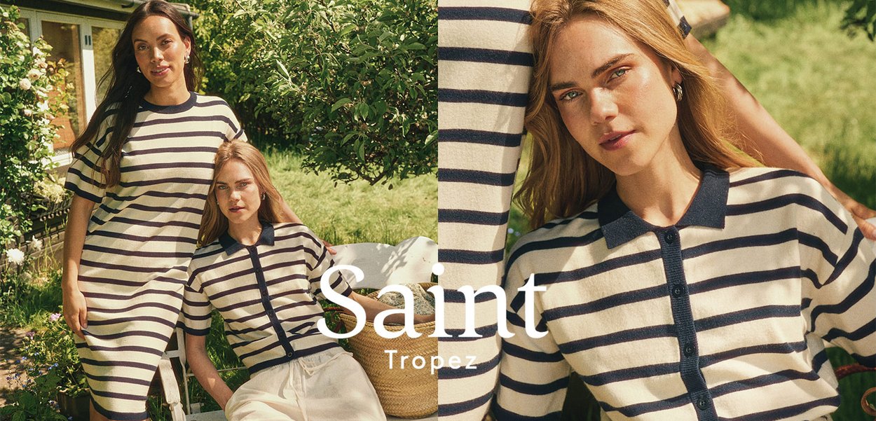 Striped knit dresses featuring navy and cream colors, short sleeves, and collar details. One model sits while the other stands nearby.