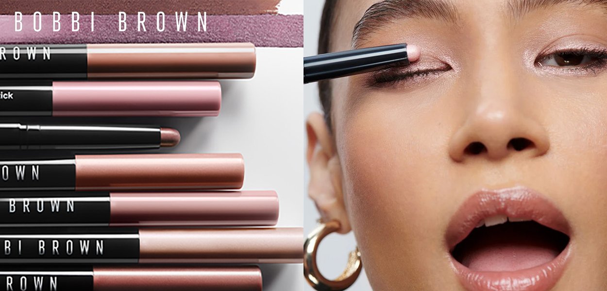 Vielfalt an Bobbi Brown Cream Eyeshadow Sticks in verschiedenen Nuancen von Pink, Beige und Braun, mit schlanker zylindrischer Verpackung und schwarzem Branding.