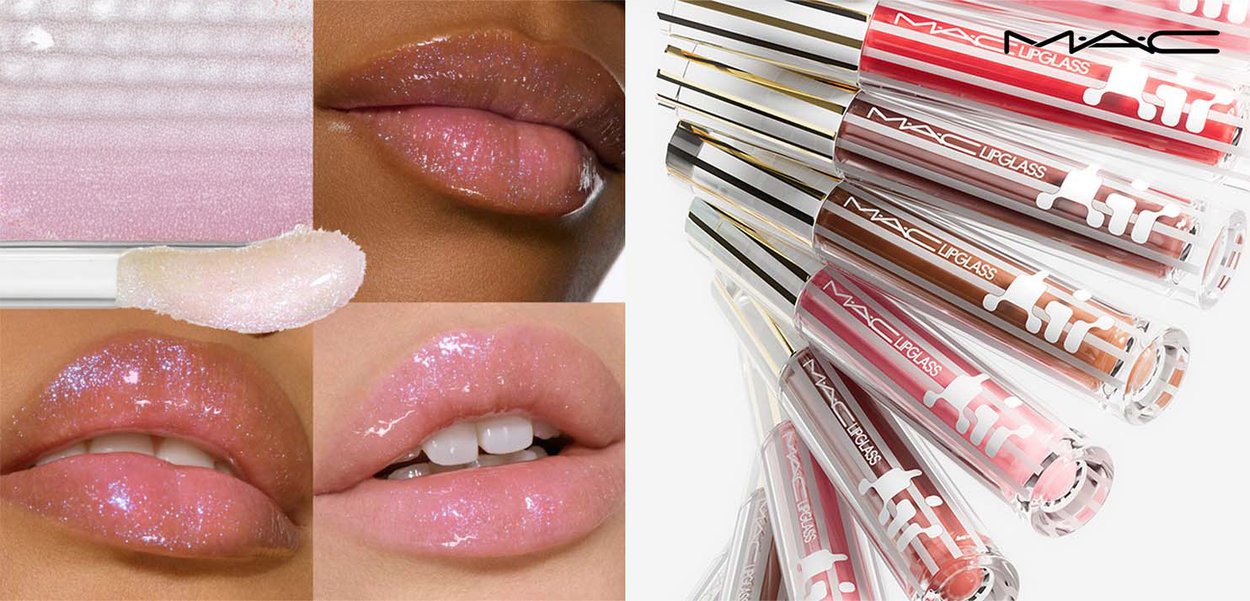 MAC Lipglass with clear tubes and gold accents; pink, brown, and nude shades with glossy finishes and shimmering, reflective textures.