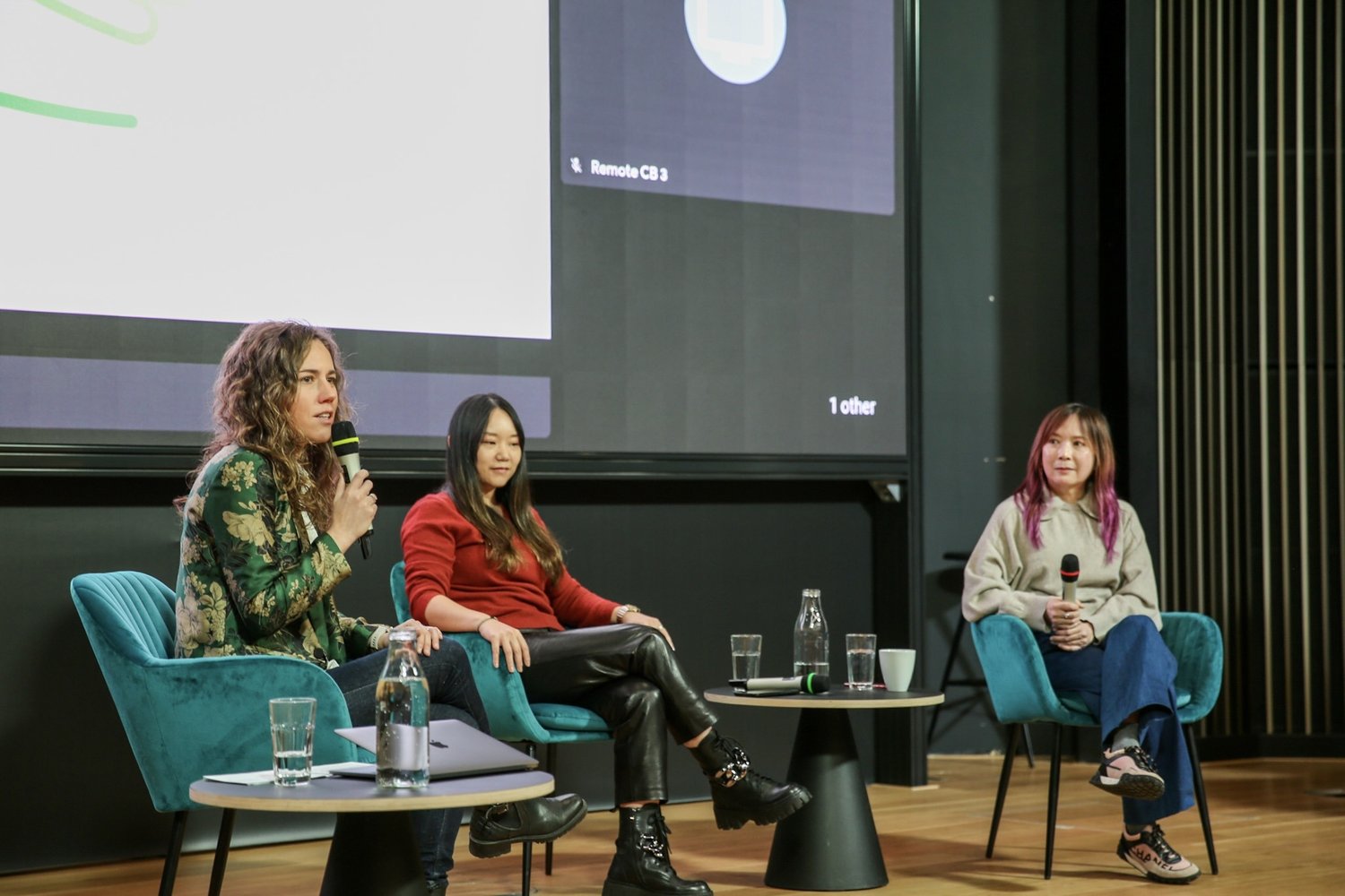 Our panelists on stage, from left to right: Ana Peleteiro Ramallo (host), Tian Su, Joyce Chen