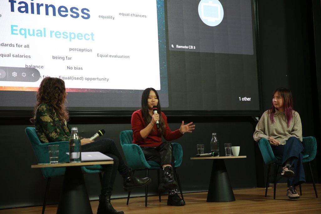 Our panelists on stage, from left to right: Ana Peleteiro Ramallo (host), Tian Su, Joyce Chen