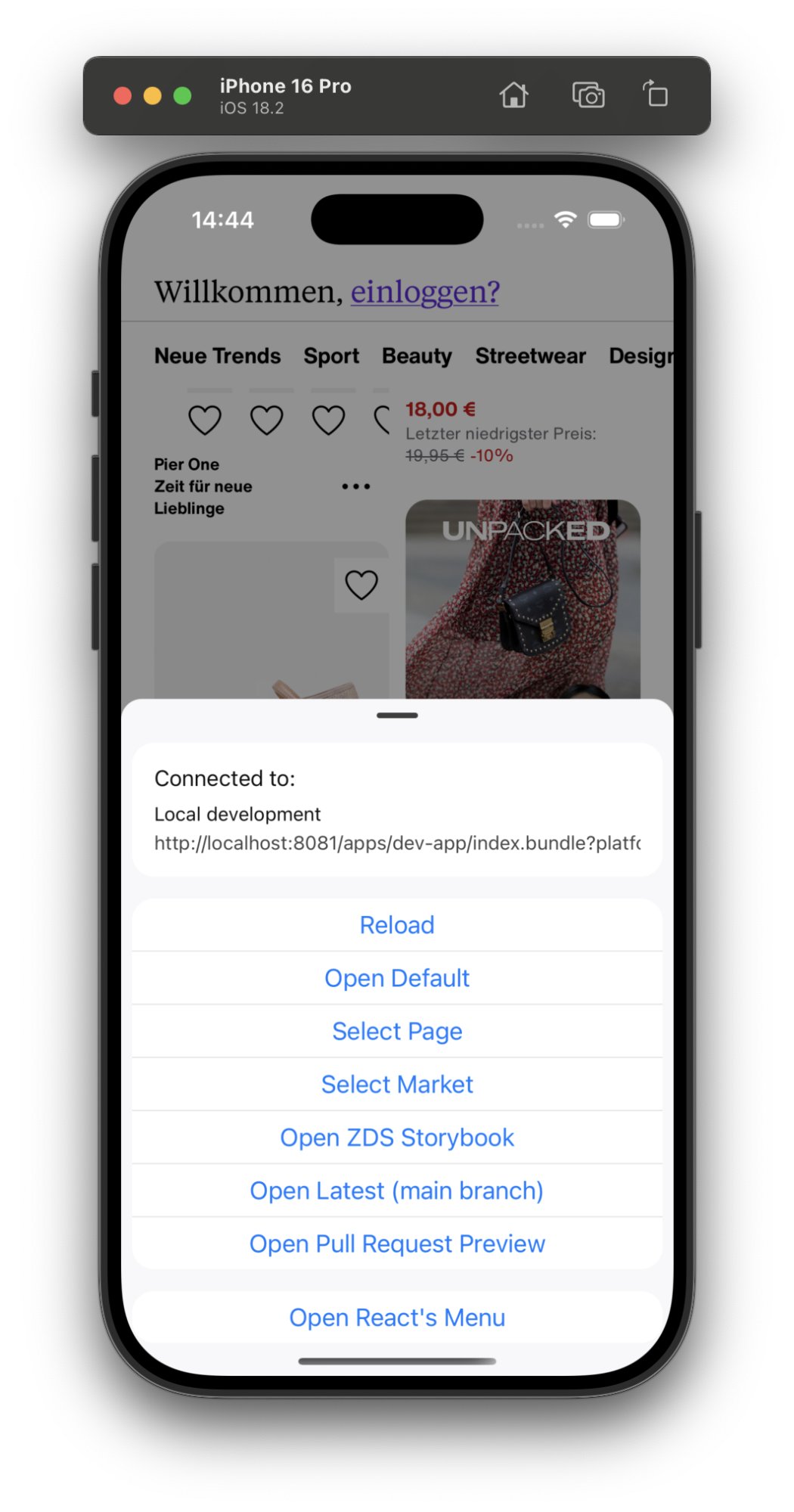 Developer app with custom menu for switching between pages and other utilities