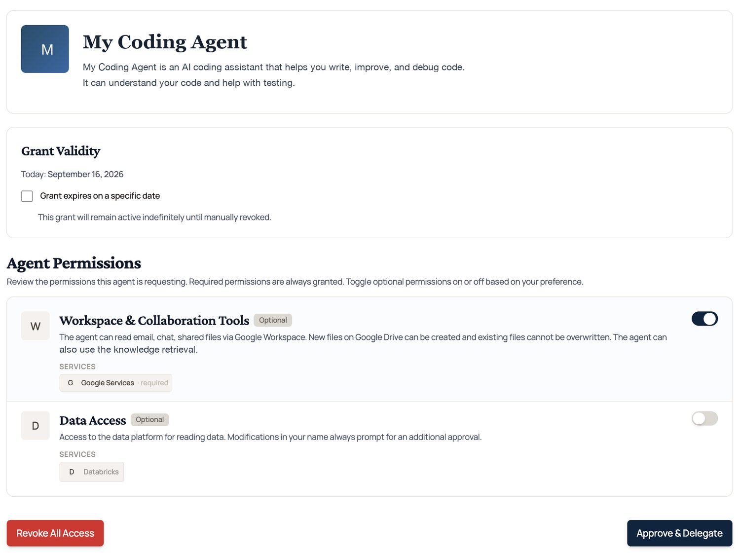 A consent page lets a user choose agent permissions and a grant lifetime