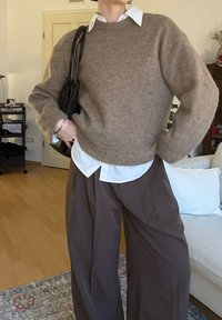 Brązowy sweter z wełny nałożony na białą koszulę z kołnierzykiem, w połączeniu z luźnymi brązowymi spodniami. Czarna torba zarzucona na jedno ramię.