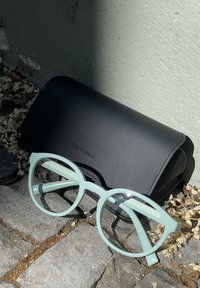 Dolce & Gabbana brillen met een mintgroen acetaat frame, oversized ronde lenzen, naast een zwart leren etui op een stenen oppervlak.