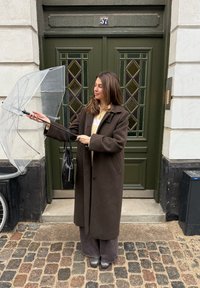 Parapluie transparent tenu par une personne vêtue d'un manteau marron foncé et d'un pantalon gris, se tenant devant une porte verte avec des accents de panneaux en verre.