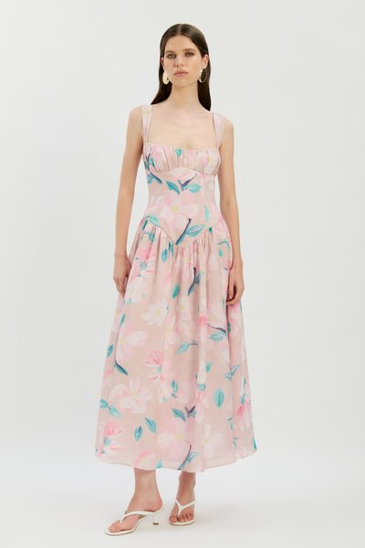 bardot corset midi dress in pink floral Bardot Cartia corset detailing tie back cotton milkmaid maxi dress in pink floral