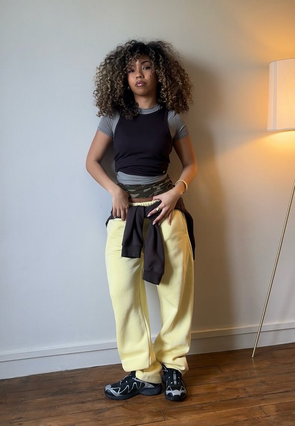 Joven con cabello rizado que lleva varias capas de camisetas, pantalones deportivos amarillos y zapatillas negras, de pie en el interior cerca de una lámpara de pie contra una pared lisa.