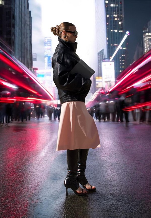 Kobieta w czarnej skórzanej kurtce, beżowej spódnicy i wysokich obcasach stoi na mokrej miejskiej ulicy, w tle rozmyte czerwone światła i tłumy ludzi.