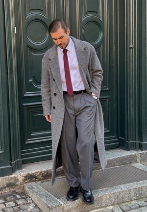 Hombre con abrigo largo gris, camisa blanca, corbata burdeos y pantalones grises, de pie sobre un escalón de piedra frente a una puerta verde oscuro.