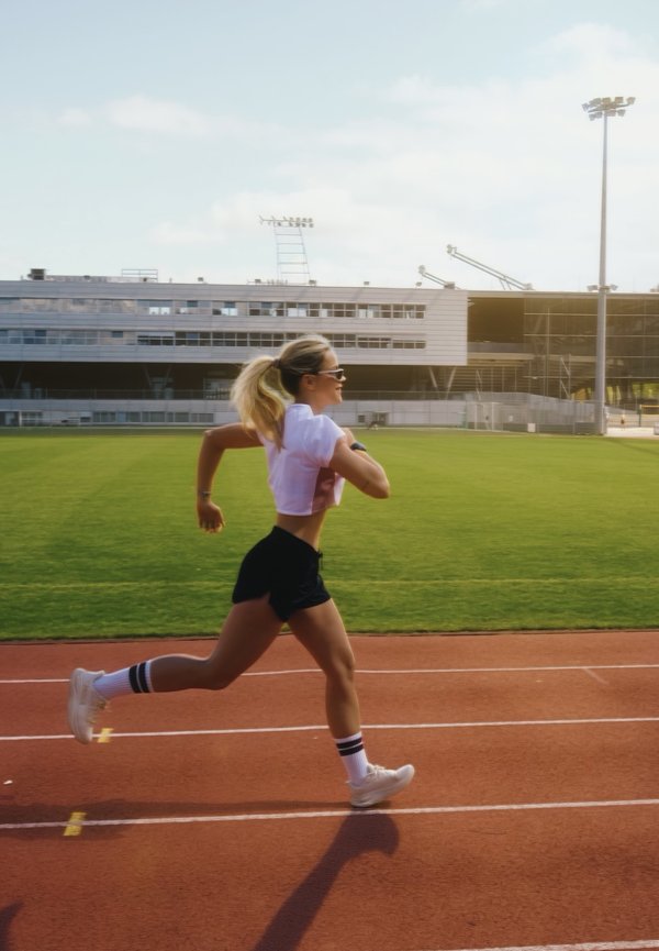 Mujer con ropa deportiva corriendo en una pista al aire libre en un estadio deportivo durante el día, con un edificio grande y focos en el fondo.