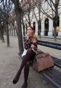 Femme portant un haut à pois marron, une jupe beige et des collants noirs assise sur un banc de parc avec un grand sac à main marron, des arbres sans feuilles et un bâtiment en arrière-plan.