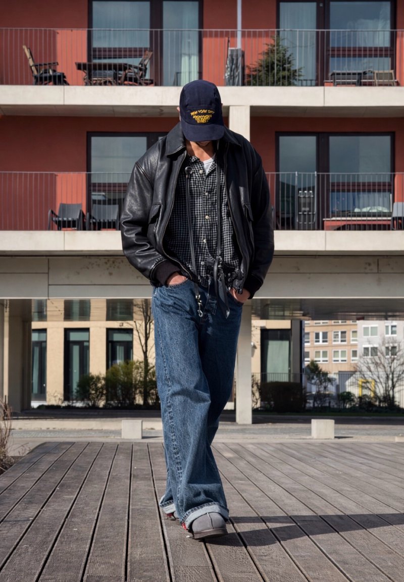 Homme en veste en cuir, chemise à carreaux, jean et casquette marchant sur une terrasse en bois devant un immeuble d'appartements moderne en journée.