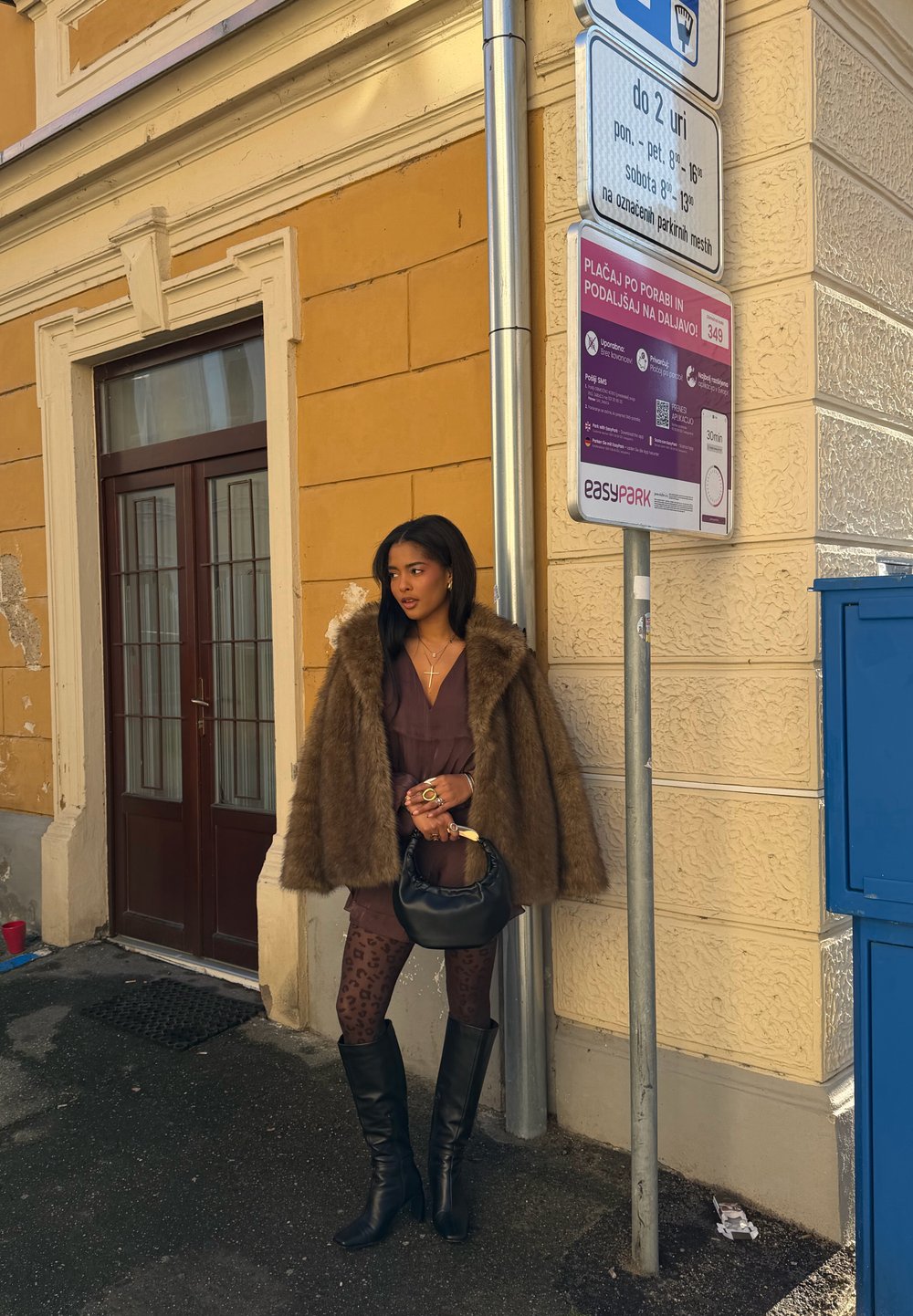 Manteau en fourrure marron, robe sombre et collants à motif léopard. Bottes noires montantes jusqu'aux genoux et petit sac à main. Cadre urbain avec un mur jaune et des panneaux de rue.