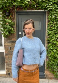 Lichtblauwe fuzzy cardi met knopen, gedragen over een cropped hemd. Bruine leren rok en pastelroze schoudertas met doorzichtige banden. Roze bril.