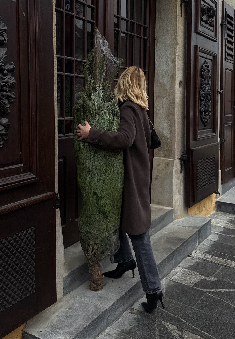 Arbre à feuilles persistantes en pot enveloppé dans un filet, tenu par une personne en manteau marron et talons noirs, debout sur des marches en pierre avec des portes en bois en arrière-plan.