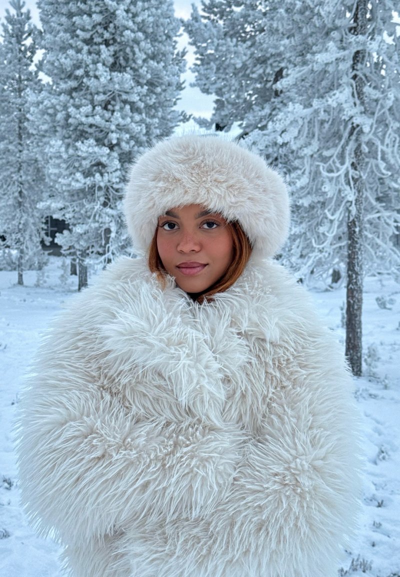 Cappotto di pelliccia sintetica bianca e cappello abbinato, entrambi con una texture lunga e soffice. Lo sfondo innevato con alberi ghiacciati enfatizza il tema invernale.
