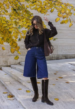 Suéter marrón, culottes de mezclilla azul y botas altas de ante marrón. Accesorios incluyen gafas de sol y un bolso de hombro marrón. Hojas de otoño en el fondo.