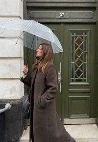 Parapluie transparent tenu par une personne portant un long manteau marron foncé, debout devant une porte verte ornée de détails géométriques en vitrail.