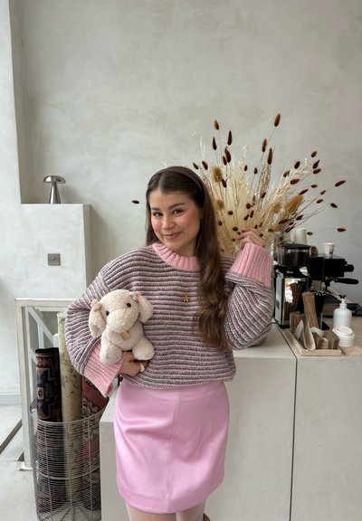 Mujer joven con falda rosa y suéter a rayas sosteniendo un elefante de peluche, de pie cerca de plantas secas y una cafetera en una habitación minimalista.