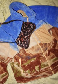 Veste polaire bleu et beige avec un imprimé paysage, dotée d'une poche zippée ; sac noir à motif posé dessus. Matériaux lisses et texturés.