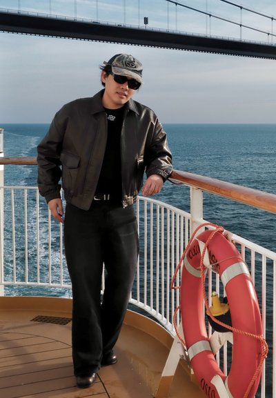 Hombre con chaqueta de cuero negra, gorra y gafas de sol apoyado en la barandilla de un barco con un salvavidas y el mar al fondo.
