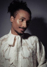 Blouse légère et transparente de couleur claire avec un motif floral, col haut et détail en nœud. Texture douce, manches amples et léger brillant.