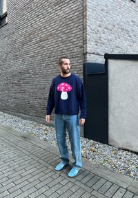 Pullover blu navy con design di funghi rosa e bianchi, abbinato a jeans azzurri e sneakers, contro un muro di mattoni.