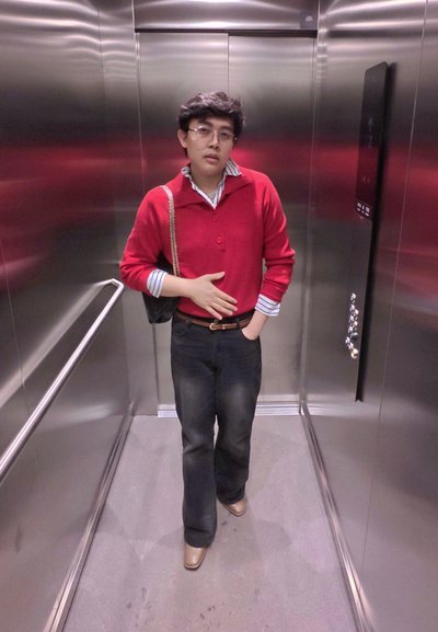 Persona con gafas, suéter rojo, camisa de rayas, pantalones negros y zapatos beige, de pie dentro de un ascensor de acero inoxidable con pasamanos y panel de control.