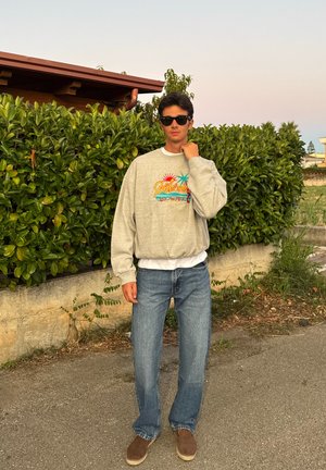 Sudadera gris con un gráfico colorido de "California", combinada con jeans azul claro y zapatos marrones. El fondo presenta un follaje verde.