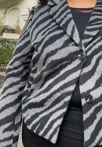 Vilnas maisījuma žakete ar melnu un pelēku zebras rakstu, ar iegrieztiem lakotiem un diviem pogām priekšā. Pielāgota piegriezuma, ar garām piedurknēm.