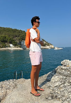 Mochila de malla naranja, camiseta blanca de manga corta, bañador de cuadros rosas, chanclas verdes, de pie en una costa rocosa junto al agua azul.